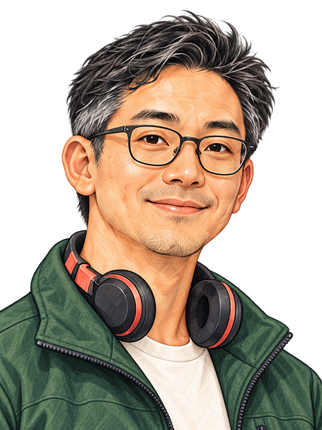 Illustrated headshot of Jacob wearing thin rectangular glasses, a green jacket and headphones
